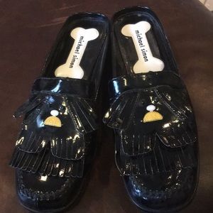 Michael Simon sheep dog motif patent shoes